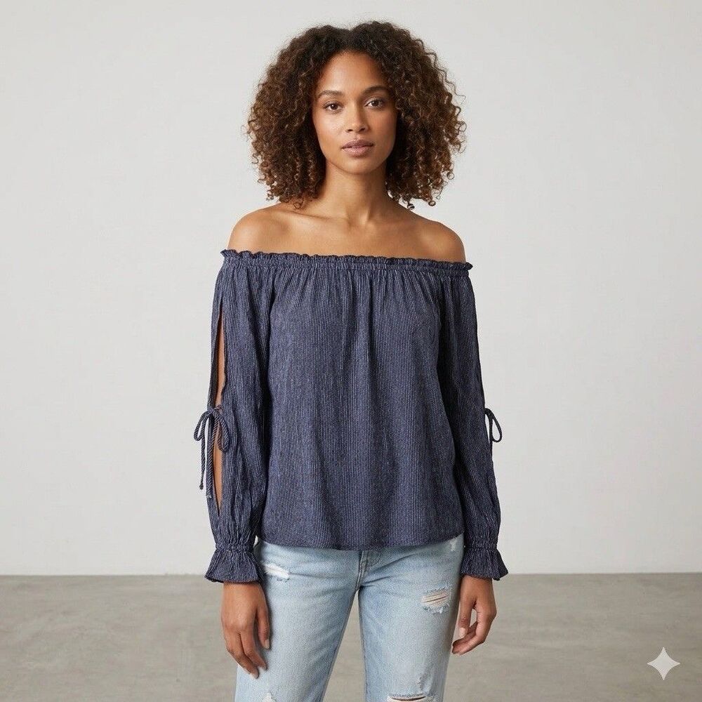 American Eagle Navy Blue Striped Off-Shoulder Viscose Top S Ruffle Tie Sleeve